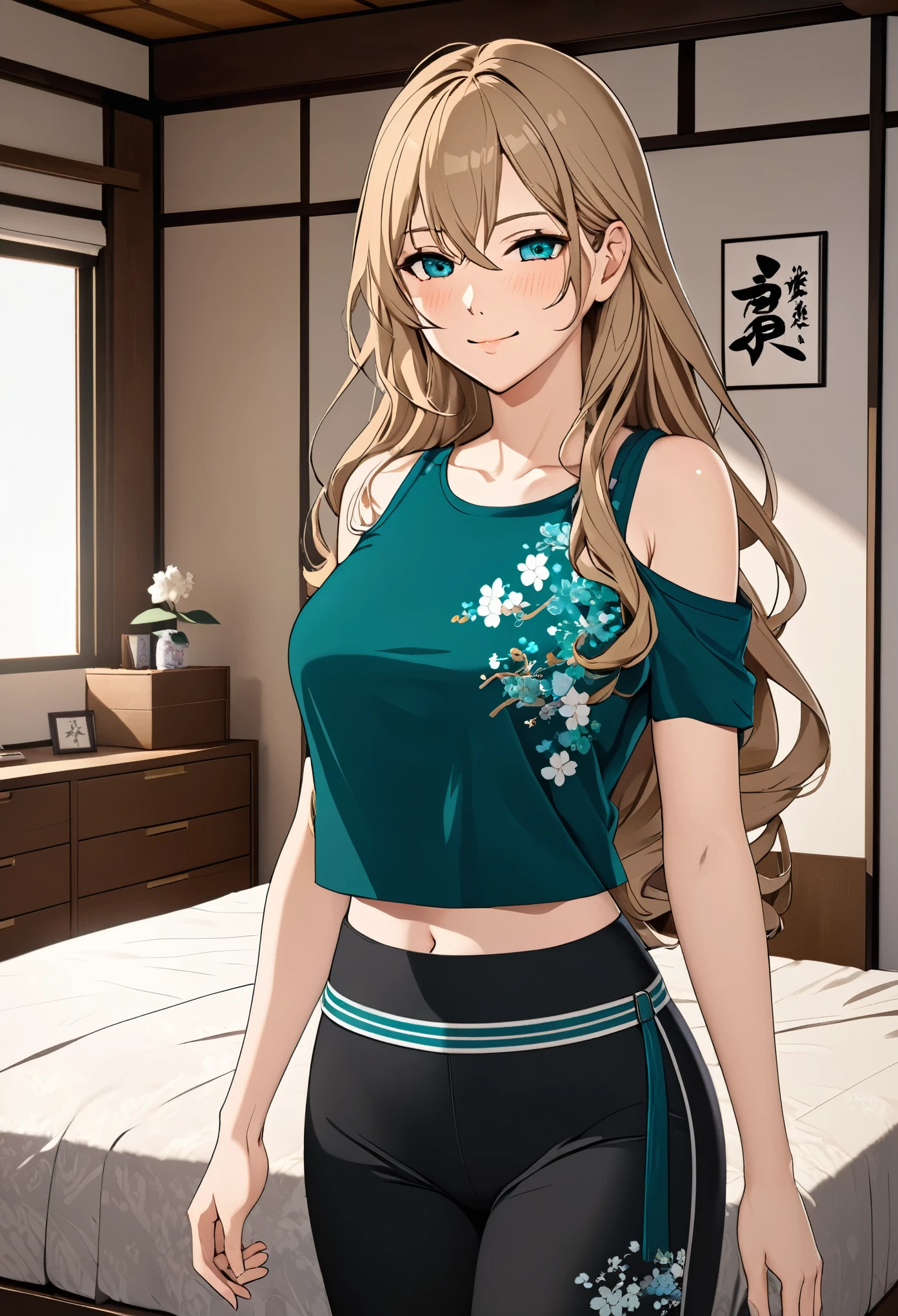 (masterpiece), (high resolution, 8k), (high detailed), woman mature, tall, (wavy long hair (dark blonde)), beautiful face, (close mouth:1.2), tired smile, small breast flat, wearing dark teal colored crystal themed cold shoulder japanese character themed top, black leggings pants with skirts layers, standing on bedroom, anime style, unaestheticXL_bp5, SimplePositiveXLv2