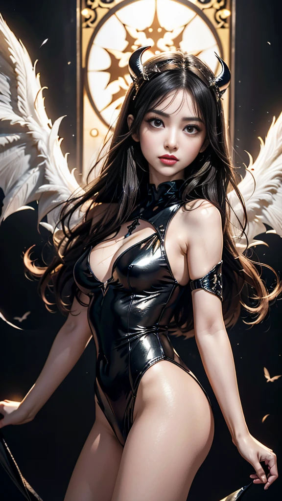 A sexy, tight-fitting but not revealing leather outfit that combines the perfect dynamic elements.: 1.7, Subtle tattoos: 1.6, Fine jewelry: 1.6, Highly detailed skin and facial features: 1.3, Arm and leg details, wings on shoulder, Wings of God and Demon, White and black wings, 16K realistic images, The demon god has wide wings and great power., black bat wings: 1.3, White Angel Wings: 1.5, 6 angel wings, 6 devil wings, สาวสวยlong hairสองเมตร, shiny black hair, Smooth white skinเนียน, red lips, big breasts, small waist, Hip lift, Long legs, Dynamic poses, Slightly concealed armor, Angel wings and devil wings, Floating above the ground, Dark background, Horns grow from the head like a crown., Light from the mountain, Wearing little armor, Sparkling wings, White and black light, 8K resolution, 4000 x 2250 pixels, Wings 100, Wings 1000, Angel wings and bats, 12 wings,รรวมกันของ 6 angel wingsและ 6 ปีกค้างคาว, long hair, Beautiful black and white tight dress with gold decorations, Embraced by twelve wings, He is white and black., Rainbow from the head, Busty breasts, universe backdrop, dynamic gesture, Smooth white skin, Layered wings alternating black and white, Gold pattern set, ชุดเซ็กซี่รัดรูปที่มีความสมดุลระหว่างความเซ็กซี่และความสง่างาม ประกอบด้วยรายละเอียดที่น่าสนใจ เช่น รอยสักที่ประณีต เครื่องประดับที่สวยงาม และผิวหน้าที่ละเอียด มีปีกที่หลากหลาย ทั้งปีกที่เป็นสัญลักษณ์ของเทพและปีศาจ ซึ่งรวมกัน 12 ปีก แบ่งเป็น 6 ปีกของนางฟ้าและ 6 ปีกของปีศาจ ตัวละครมีlong hairสวยงามสีดำเงา Smooth white skinเนียน และมีท่าทางที่แสดงถึงพลัง เธอสวมชุดสีขาวดำที่ประดับด้วยทอง มีเขางอกออกจากศีรษะเหมือนมงกุฎ และมีแสงสว่างที่เกิดจากเขา ฉากหลังเป็นพื้นมืดที่เน้นความโดดเด่นของตัวละคร รักษาอารมณ์ที่เต็มไปด้วยพลังและความน่าอัศจรรย์ ภาพจะมีความละเอียดสูงถึง 8K และแสดงออกมาในรูปแบบที่น่าดึงดูดใจชุดเซ็กซี่รัดรูปนี้ยังมีรายละเอียดเพิ่มเติมที่น่าทึ่ง โดยยังคงสร้างบรรยากาศแห่งความน่าตื่นตาตื่นใจและความสง่างามในคราวเดียว องค์ประกอบของสัญลักษณ์ที่มีไว้สำหรับเทพและปีศาจได้รับการออกแบบมาอย่างพิถีพิถัน โดยเพิ่มความเข้มข้นให้กับภาพลักษณ์ ด้วยการใช้สีที่ตัดกันและมีชีวิตชีวาในแต่ละชั้นของปีก การโอบกอดด้วยปีกทั้งสิบสองสร้างความรู้สึกของการอยู่เหนือโลก
แสงสีขาวและดำจากปีกชั้นๆ ยังช่วยเสริมสร้างอารมณ์ให้เข้ากับบรรยากาศที่ตึงเครียด ขณะเดียวกันก็สะท้อนความงามและความกล้าหาญของตัวละครนี้ ไม่เพียงแต่มีเสน่ห