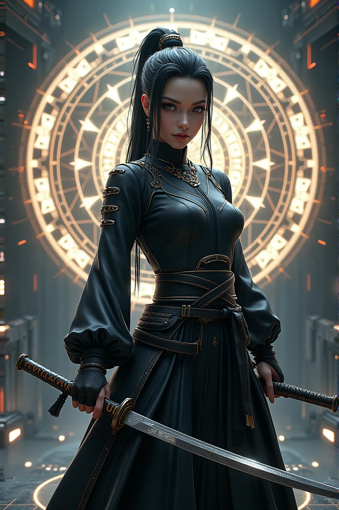 (photorealistic :1.2), High-Tech, Ronin girl holding katana, sacred mandala geometry background,