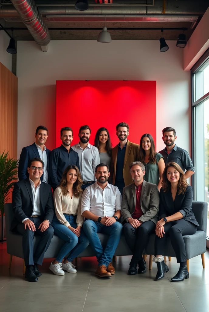 I want a corporate photo during the day, In the place on the back wall there is a red box, On the right there is a large window that lets in light and on the left there is a wall, and there will be a flash with a translucent Paraguay. There will be 13 people, some standing and others sitting.