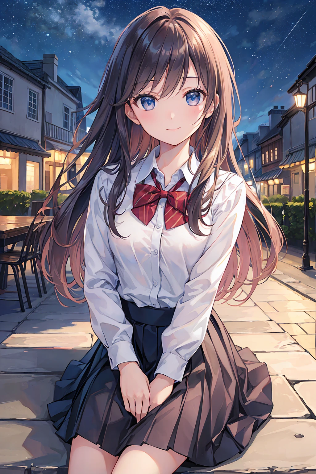 (8k, RAW Photos, Highest quality, masterpiece:1.2), (Realistic, photo-Realistic:1.37), Very detailed,
1 person,cute, alone,Beautifully detailed skies,Detailed Cafe,night,Sitting,Date,smile, Professional Lighting, Sony A7R4, Zesse 50mm f1.8,
Small breasts,Flat chest,Beautiful attention to detail,(Collared shirt:1.1), bow tie,Pleated skirt,
