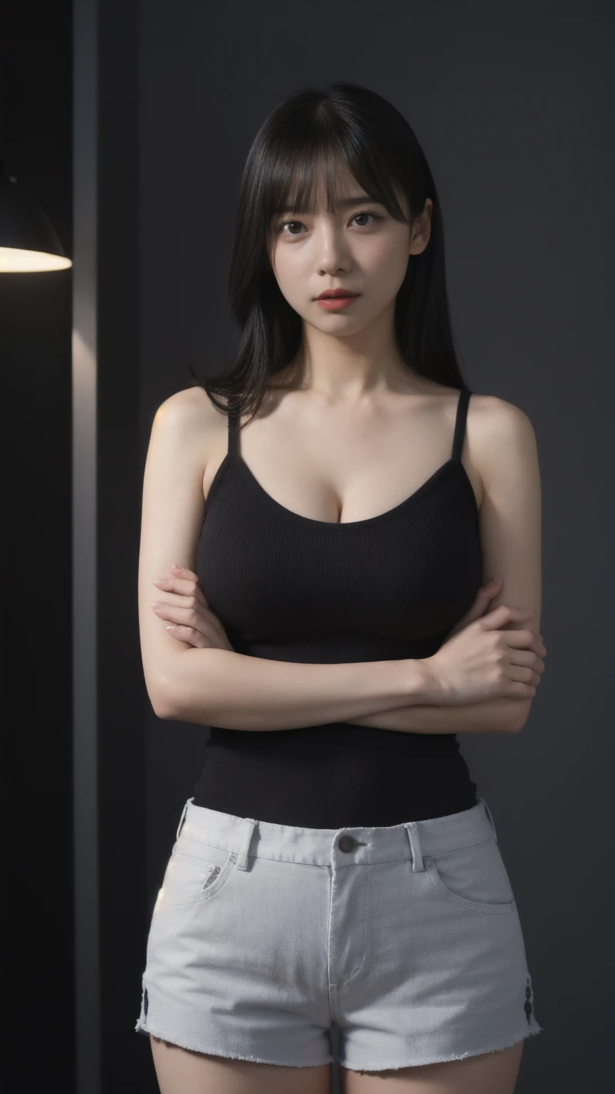 ((1girl)), woman, masterpiece, best quality, highest quality, cinematic lighting, (volumetric lighting), extremely detailed CG unity 8k wallpaper, focused, 8k wallpaper, extremely detailed, ultra realistic, photorealistic, sharp focus, absurdres, (HDR:1.2), (high contrast), photograph, detailed and intricate, instagram, portrait, highly detailed, digital painting, artstation, concept art, smooth, sharp focus, illustration, cinematic lighting, (big breast:1.3), (((skinny, slim legs))), (japanese idol posture), (knit strap tanktop, short pants, cleavage), looking at the viewer, (I don't see arms)), ((Standing)), ((Medium body shot, hip level shot)), long hair, ((crossed arms)).
