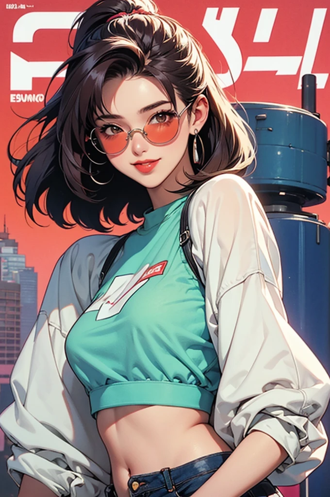 Uma mulher de blusa azul e saia rosa,