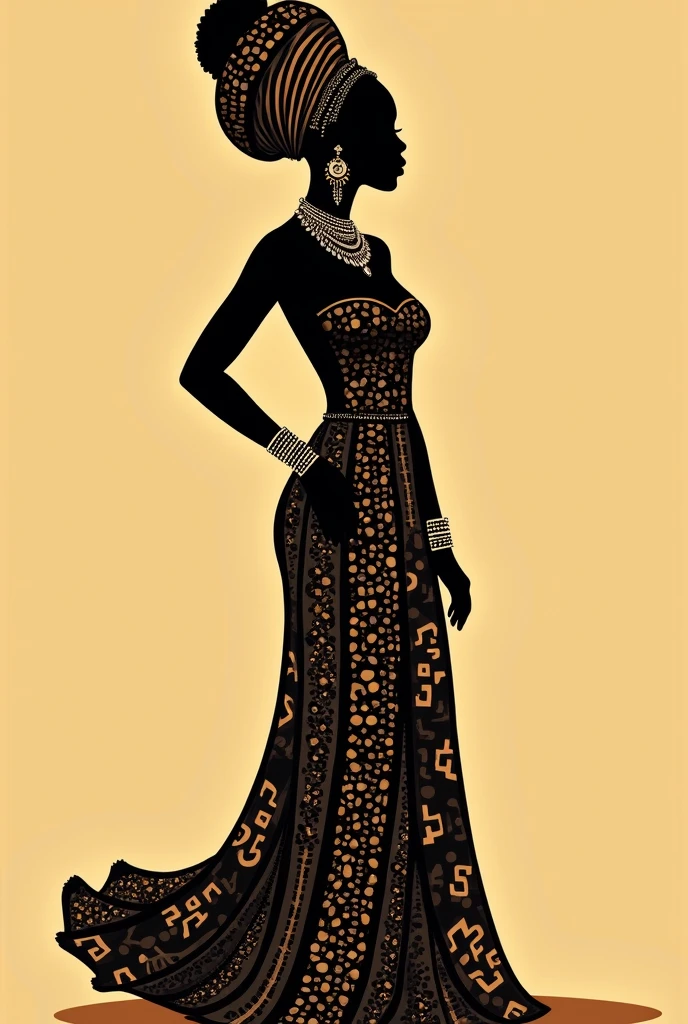A silhouette of a woman adorned in intricate African attire. She wears a detailed headdress, jewelry, and a dress with various geometric patterns. The background is a solid light brown color, and the woman's silhouette is outlined in black, making her stand out prominently.