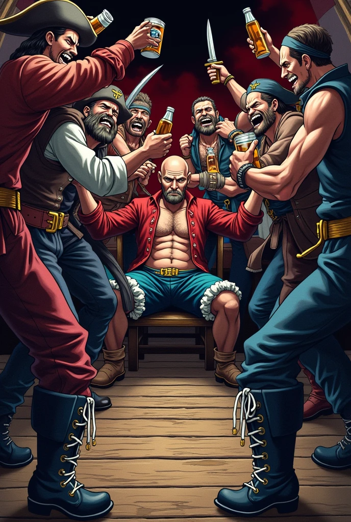 Draw a picture of the pirates letting a Nazi walk the plank. The combat boots should have white laces and should be on the front of the boots, not behind! Das ganze im One Piece Anime Style, the pirates are said to be drunk and have sabres and rum bottles in their hands, They should also have beards. The Nazi is said to be bald and to have wet his pants and to look pathetic and to be tied up. The picture should be kept dark with lots of black and red tones, the pirates should not wear combat boots. The picture should be good for a t-shirt motif
