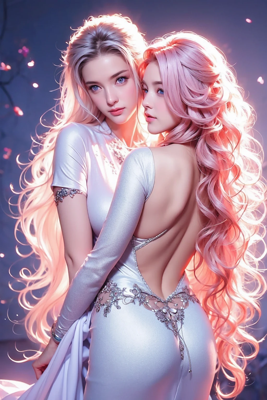 Miss, Long wavy hair, Pink Hair, blue eyes, Elf，Sexy curves, White and silver dress, Beautifully, Backless、Show your butt