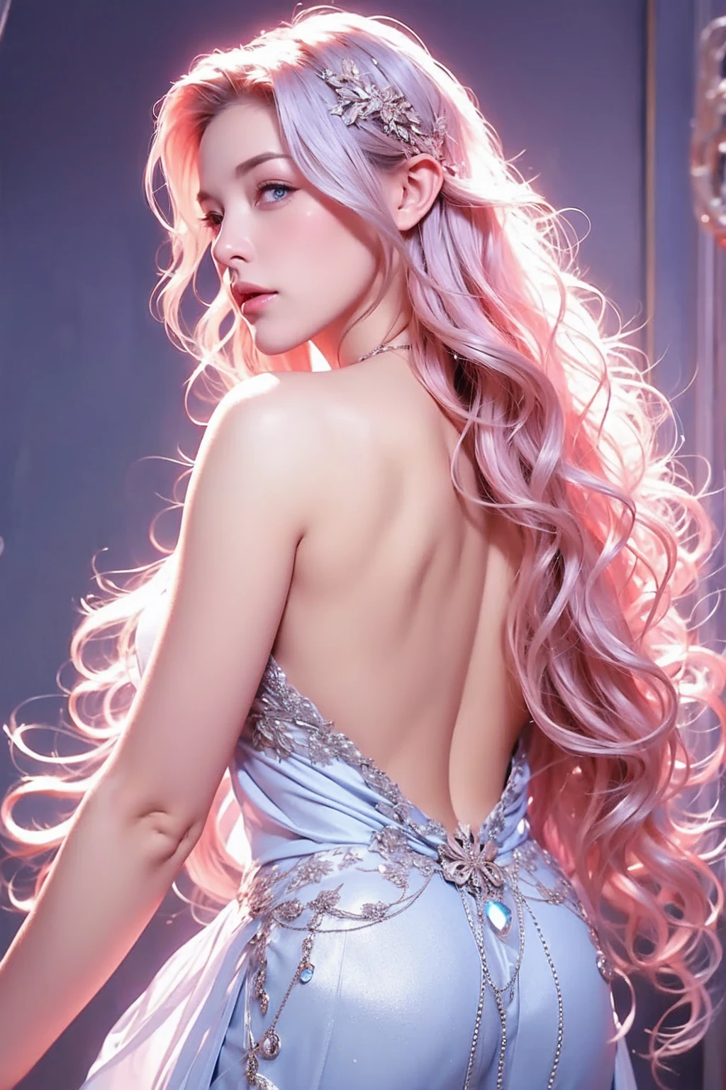 Miss, Long wavy hair, Pink Hair, blue eyes, Elf，Sexy curves, White and silver dress, Beautifully, Backless、Show your butt