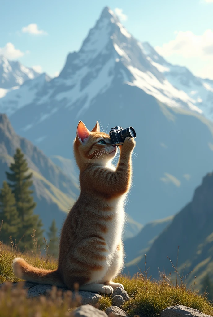 Cat holding camera and behind beautiful Mountains 
