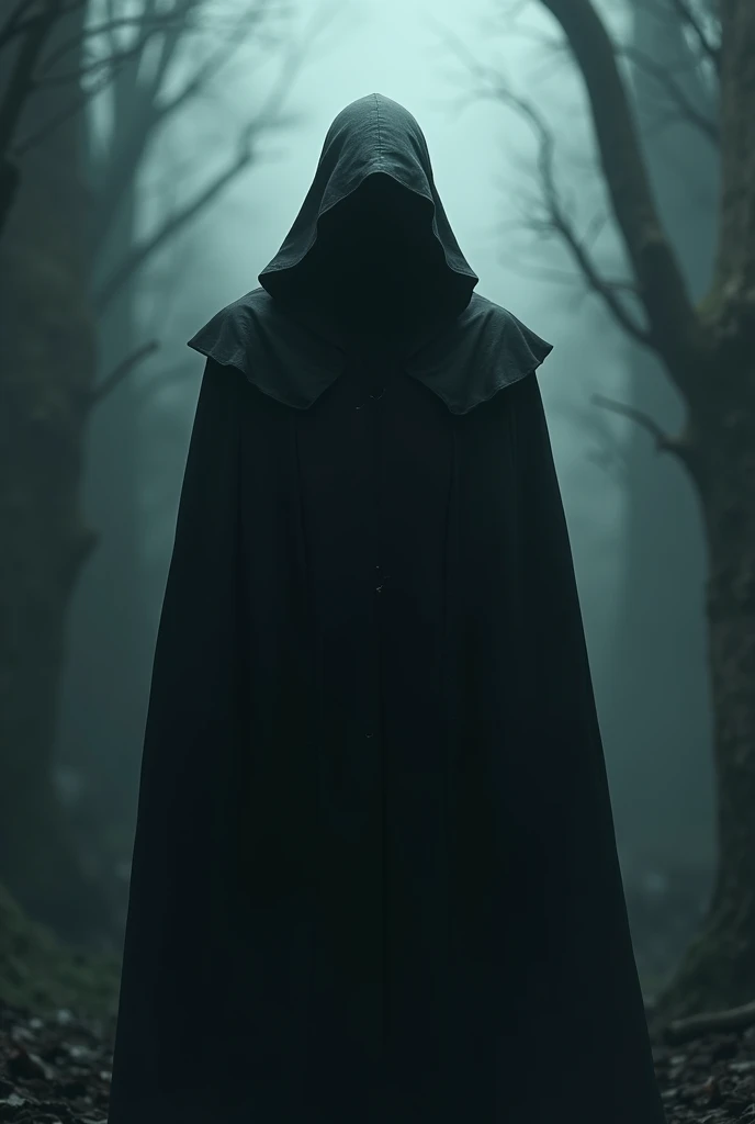 generate me an image of a mysterious person person with a face but ia but man with a hood all black