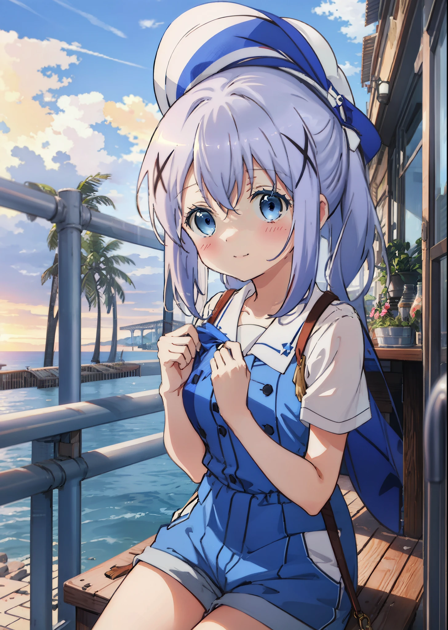 Chino Kafuu, Short-sleeved uniform,evening,Sunset sky,Seaside,orange clouds,Check it out, long hair, bangs, blue hair, (Blue eyes:1.2), Blue_Shorts, sit down,sitting,Daytime,Clear skies,Palm tree,Walking,smile,Close your mouth,blush,whole bodyがイラストに入るように,
BREAK outdoors, tropical,Tropical,Coastal Road,
BREAK looking at viewer, whole body,
BREAK (masterpiece:1.2), Highest quality, High resolution, unity 8k wallpaper, (figure:0.8), (Beautiful attention to detail:1.6), Highly detailed face, Perfect lighting, Highly detailed CG, (Perfect hands, Perfect Anatomy),