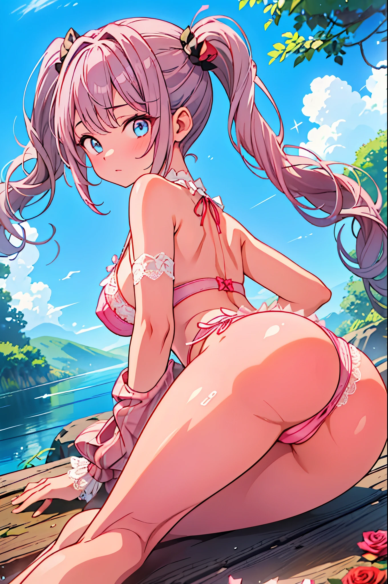 Woman in pink bikini sitting in water High resolution, Highest quality, super high quality, Very detailed, Cinema Lighting、Get on all fours、Buttocks、(Long silver pigtails)､Forest Springs、Mysterious lake surface､Stylish Witch､(Colorful gradient)、(((Rose pink fine lace lingerie)))、Nice ass、Perfect Ass、Embarrassing、blue eyes、sweating、Wet underwear、Ideal Style、cute、Fine Lines、Stick your butt out、Leg spread、Buckshot、Ergonomically suitable、Ass close up