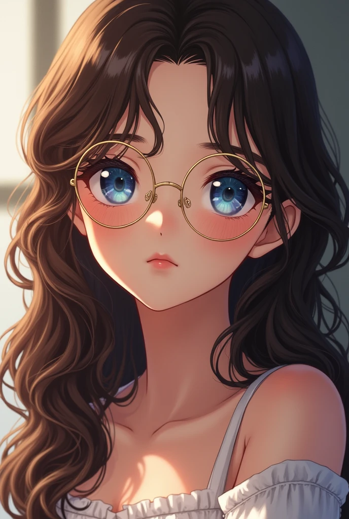 Realistic anime woman, long brown hair with big curls, bright dark blue eyes, round and golden glasses, sweet expression.