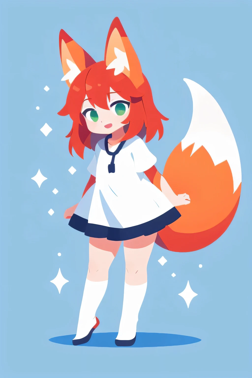 1girl, solo, red hair, green eyes, white clothes, adult, fox ears, fox tail, light skin, fullbody, minimalist, (open mouth:1.3)