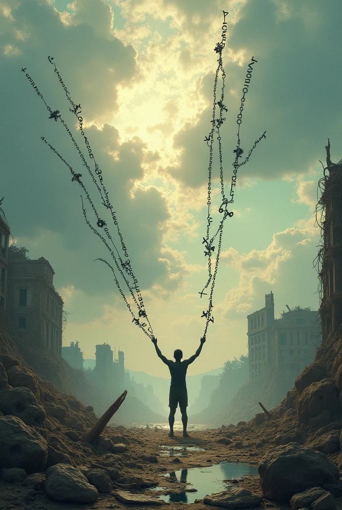 Image of chains breaking and words flying over a calm but destroyed place