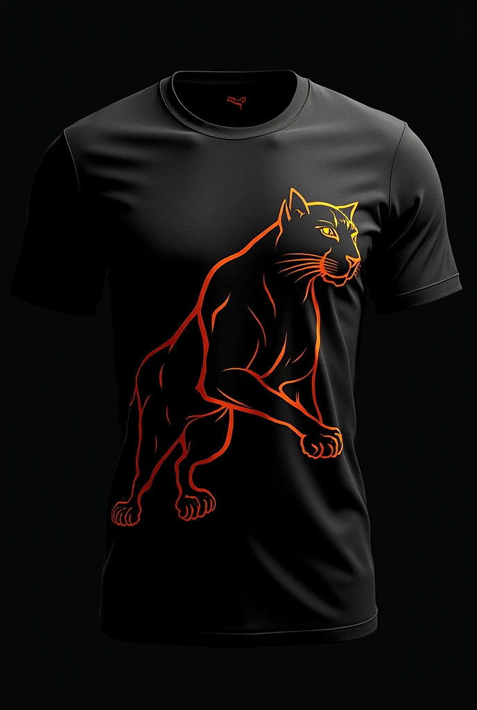 Black sports t-shirt with a realistic orange puma line drawing print