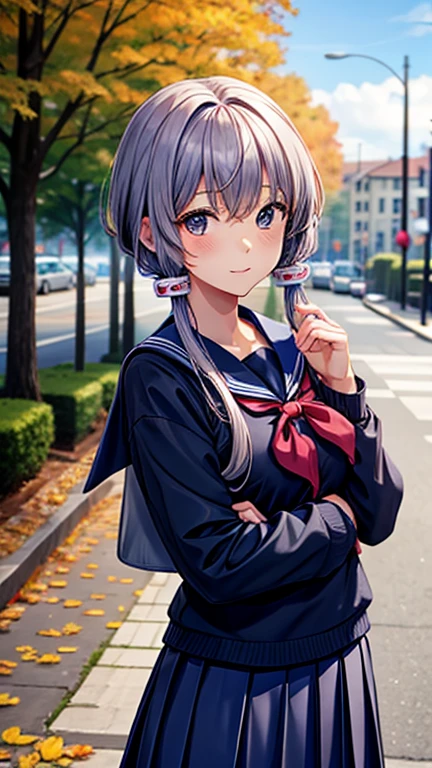 yukari, yuzuki, (masterpiece),(figure),(Highest quality:1.3),Accurate anatomy, Detailed hair, ((Navy blue sailor suit,Navy pleated skirt)),Wavy Hair, Perfect Face, , Blurred Background, Autumn Day,First Love