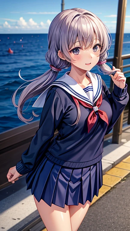 yukari, yuzuki, (masterpiece),(figure),(Highest quality:1.3),Accurate anatomy, Detailed hair, ((Navy blue sailor suit,Navy pleated skirt)),Wavy Hair, Perfect Face, , Blurred Background, Autumn Day,First Love