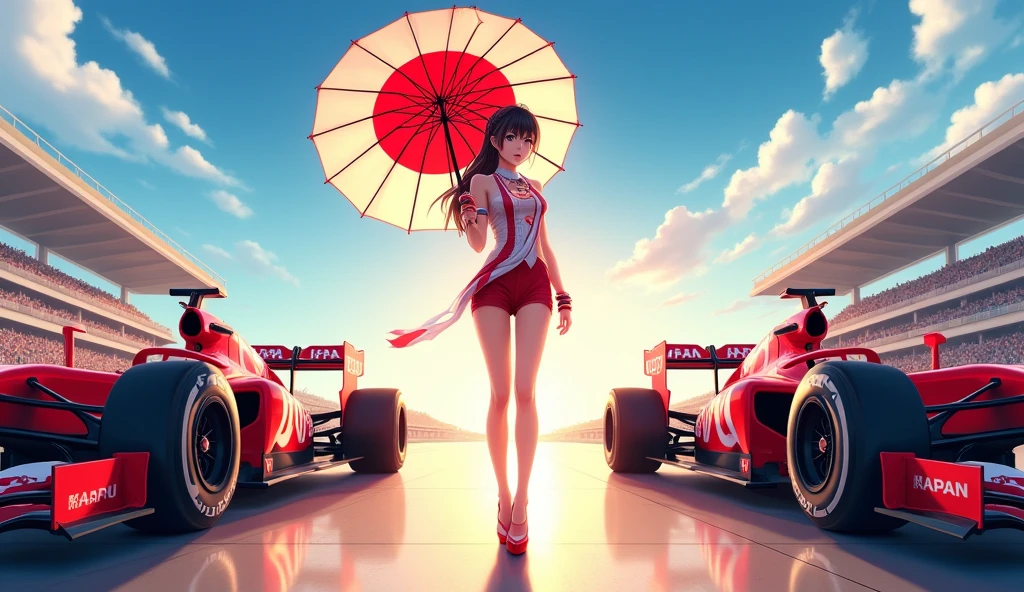 F1 race circuit. Race cars have the word JAPAN on them. A young Japanese race queen is standing in front of a race car holding a Japanese flag parasol. Her costume is separates with the word JAPAN on it. She is wearing a bangle on her arm. The background is beautiful and shining under the summer sun. Anime style. View from afar. Her beautiful legs are attractive, and her whole body from head to toe. She is wearing high heels.