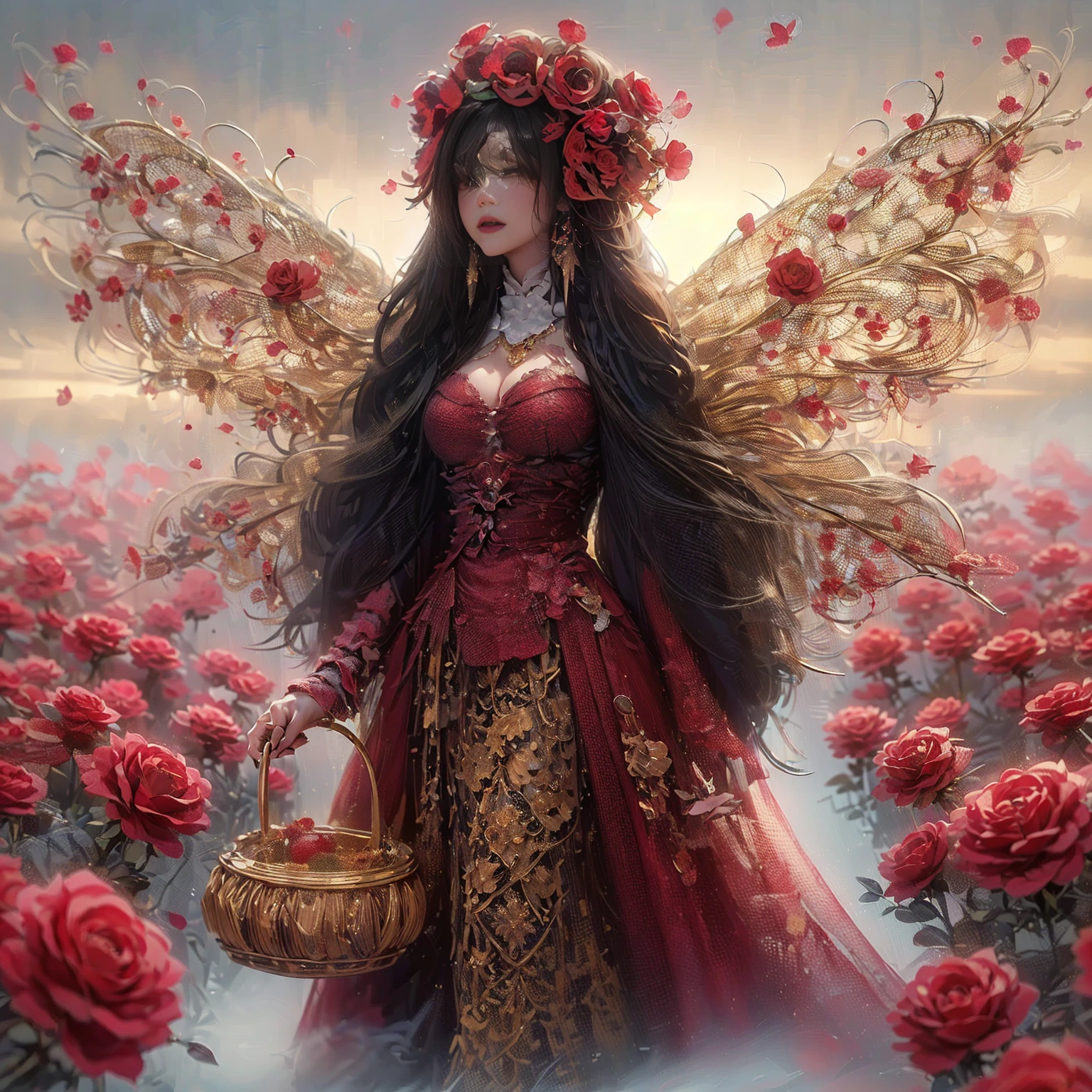 arafed woman with bustier gigantic breast in a corset and dress in front of a building, she as a godess of roses wearing an ornate outfit, ornate dress, intricate dress, elegant corset, ornate and elegant, extravagant dress, inspired by Hedi Xandt, ornate attire, intricate outfit, ornate royal gown, ornate clothing, ornate gown, intricate and elegant, intricate detailed dress, ornate , royal dress, masterpiece, best quality:1.2),,(8k,highres,RAW photo,realistic,photo-realistic:1.3),(detailed skin texture,detailed cloth texture,beautiful detailed face:1.25),professional lighting,photon mapping,beautiful soft light,radiosity,physically-based rendering,raytracing, model shoot style, model shoot style, (extremely detailed CG unity 8k wallpaper), full shot body photo of the most beautiful artwork in the world,