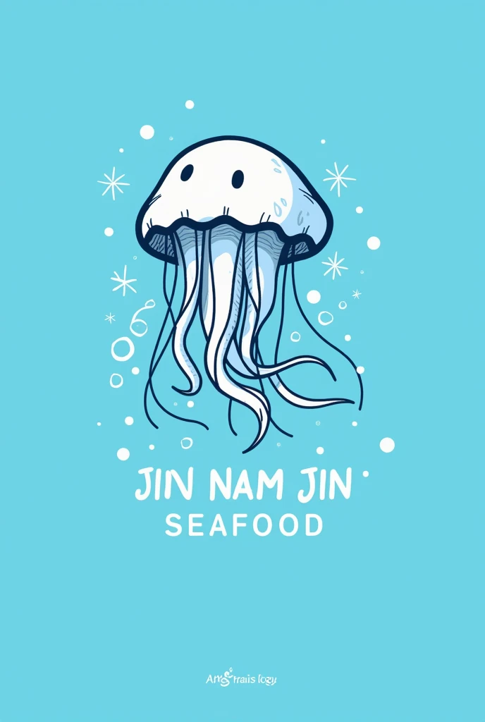 Create a logo for a jellyfish shop, sesame oil, Jin Nam Jin Seafood, delicious, business style, if you come to buy, it's easy to see, not many details, Thai style, professional design for logo design to be popular in the market, easy to see, easy to remember, blue color.