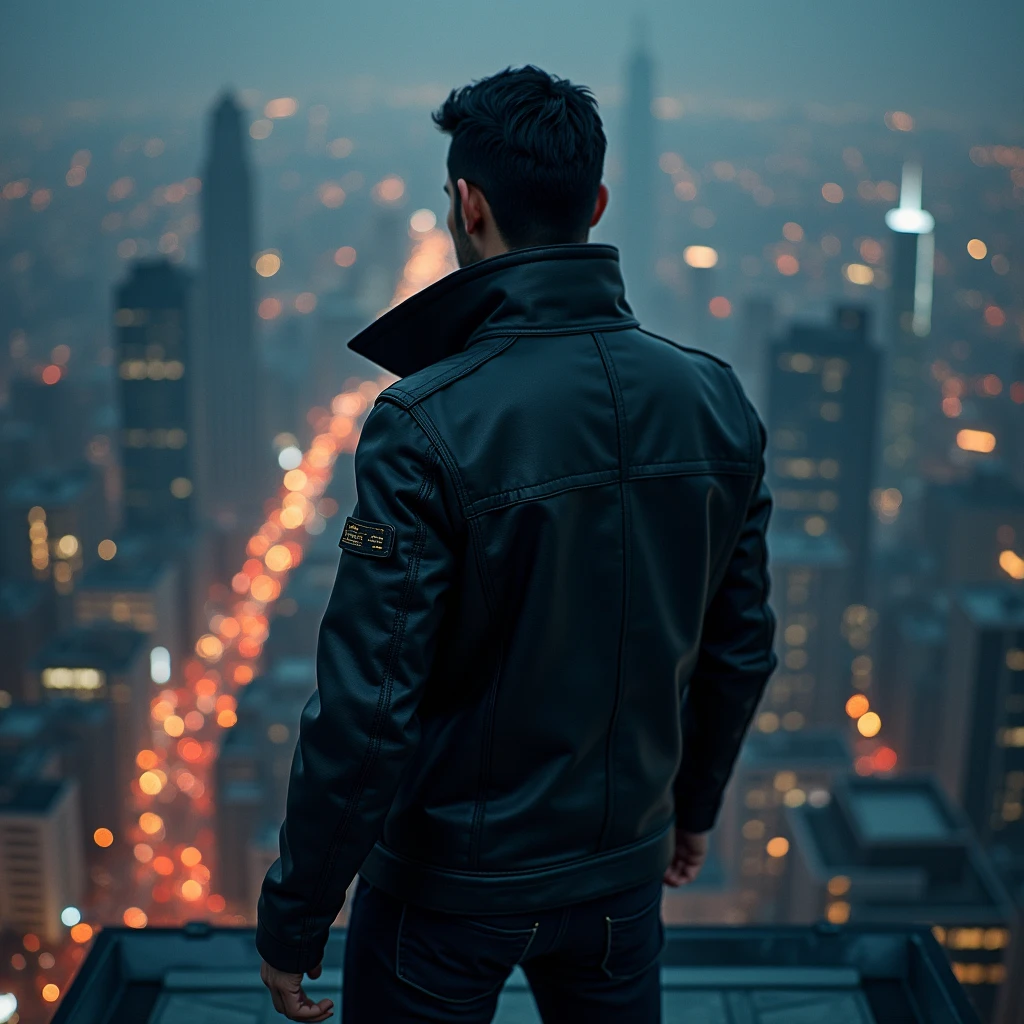(Black Leather Jacket), On a neon lit urban night, an adventurer wearing a black leather jacket stands at the top of a skyscraper, with the night wind gently brushing the corners of his clothes, and the leather jacket reflecting a cold light. The city's lights and skyline form the background, while the protagonist's gaze is cast into the distance, as if searching for the next adventure destination. Beautiful cinematic lighting, surreal, RAW photo, color graded, dynamic movement, (captivating chiaroscuro:0.1), full body, award-winning, cinematic still, emotional, vignette, dynamic, vivid, (masterpiece, best quality, photorealistic, Professional, perfect composition, very aesthetic, absurdres, ultra-detailed, intricate details:1.3)