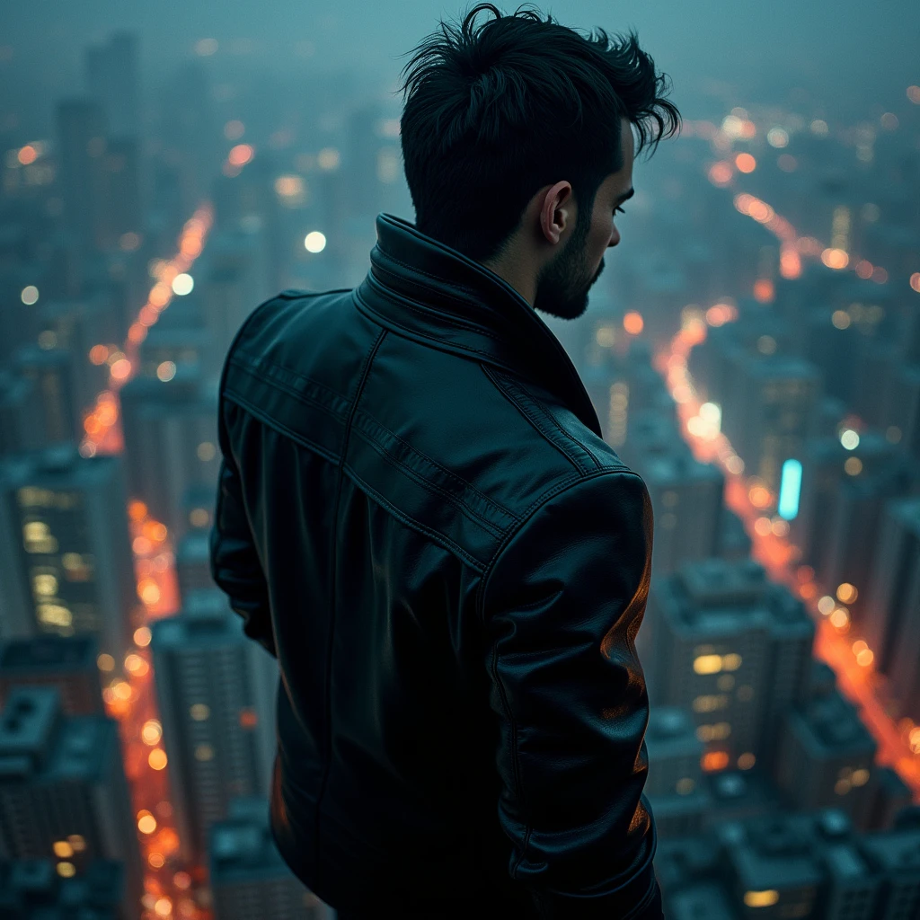 (Black Leather Jacket), On a neon lit urban night, an adventurer wearing a black leather jacket stands at the top of a skyscraper, with the night wind gently brushing the corners of his clothes, and the leather jacket reflecting a cold light. The city's lights and skyline form the background, while the protagonist's gaze is cast into the distance, as if searching for the next adventure destination. Beautiful cinematic lighting, surreal, RAW photo, color graded, dynamic movement, (captivating chiaroscuro:0.1), full body, award-winning, cinematic still, emotional, vignette, dynamic, vivid, (masterpiece, best quality, photorealistic, Professional, perfect composition, very aesthetic, absurdres, ultra-detailed, intricate details:1.3)​