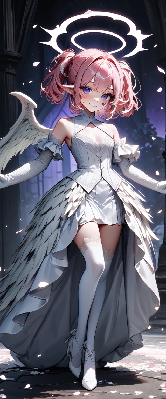 UHD, masterpiece, best quality, extremely detailed, anatomically correct, sharp focus, Midnight, purple moon, Church , altar isle, falling petals, ((full body portrait)), 1girl, solo, camilavtuber, ((pink hair)), short hair, shoulder length hair, curly hair,  white halo,(white head wings:1.5), ((twin ponytail)), purple eyes, (facial mark), smiling, slim arms, white laced arm sleeves, white gloves ,small chest, (angel wing:1.3), white wedding gown, high slit gown, slim legs, white laced stockings, white high heels, full body shot, close up, innocent pose, Eye-Level Shot, front view, innocent pose, scattered petals