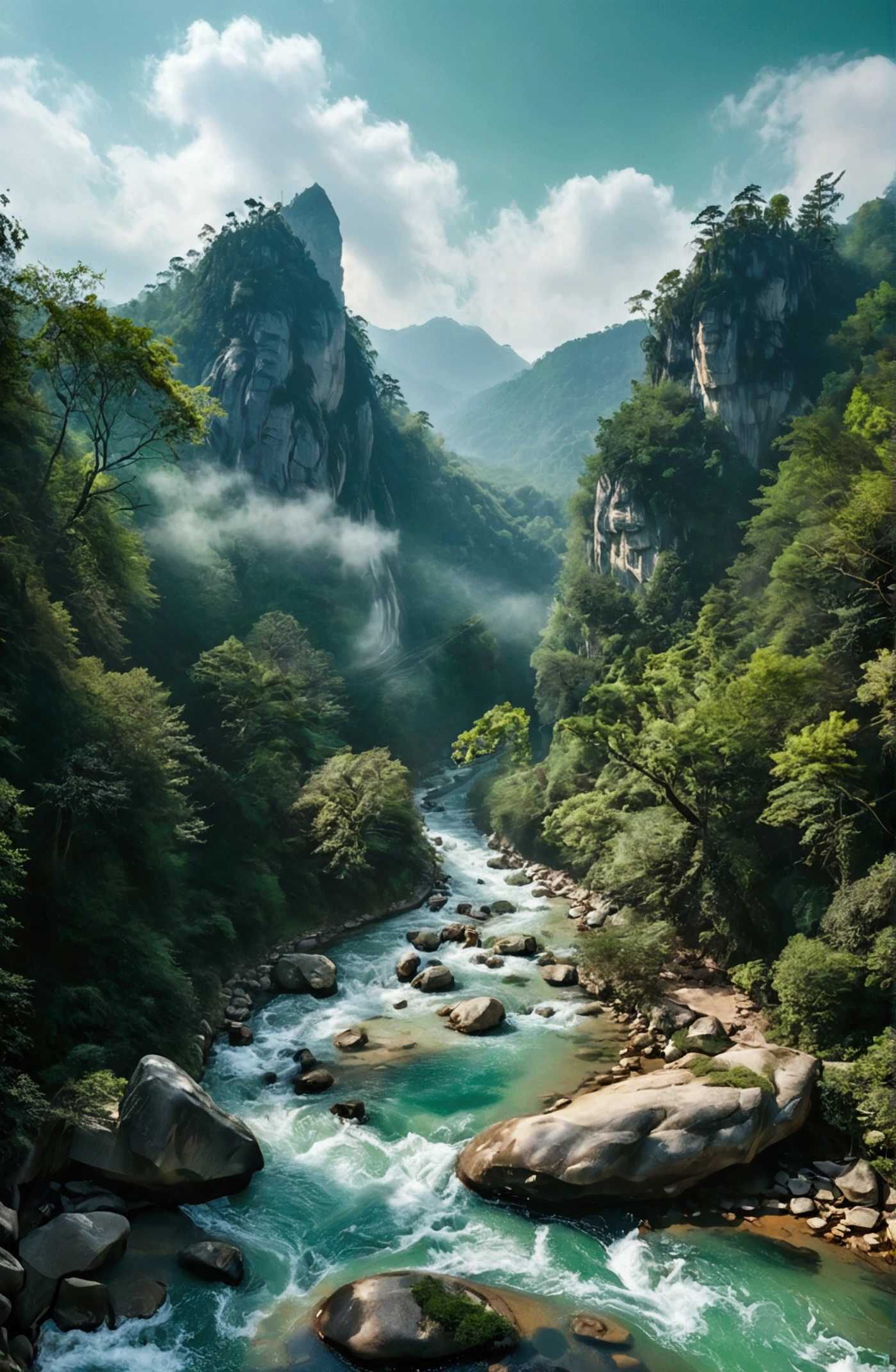 The stream is flowing，The stream is clear，There is a mountain at one end of the stream，Stone Mountain in Zhangjiajie,Clouds and mist，Unified emerald green tone，Cinematic color grading
