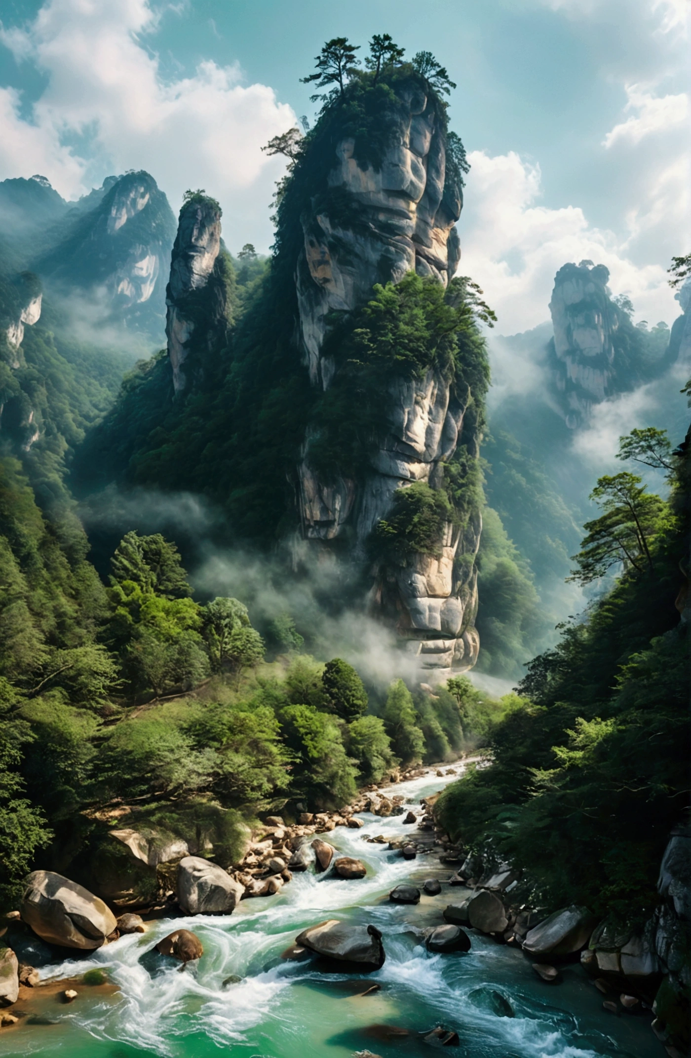 The stream is flowing，The stream is clear，There is a mountain at one end of the stream，Stone Mountain in Zhangjiajie,Clouds and mist，Unified emerald green tone，Cinematic color grading
