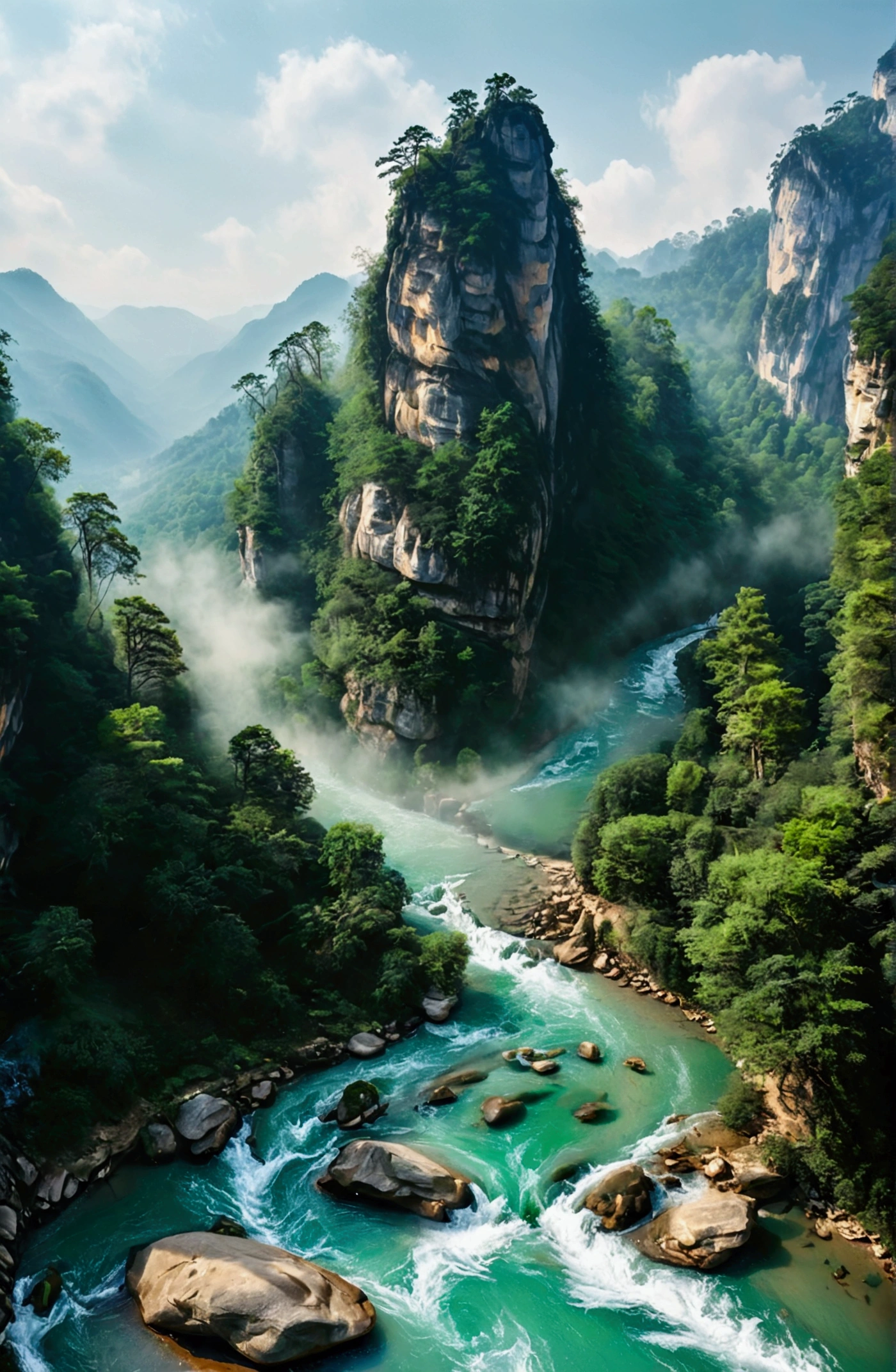 The stream is flowing,The stream is clear,There is a mountain at one end of the stream,Stone Mountain in Zhangjiajie,Clouds and mist,Unified emerald green tone,Cinematic color grading