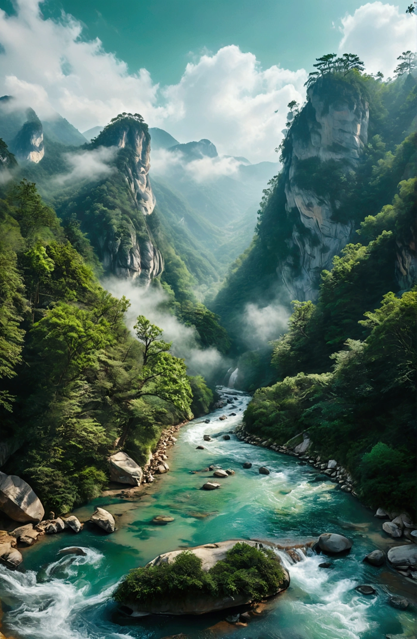 The stream is flowing,The stream is clear,There is a mountain at one end of the stream,Stone Mountain in Zhangjiajie,Clouds and mist,Unified emerald green tone,Cinematic color grading