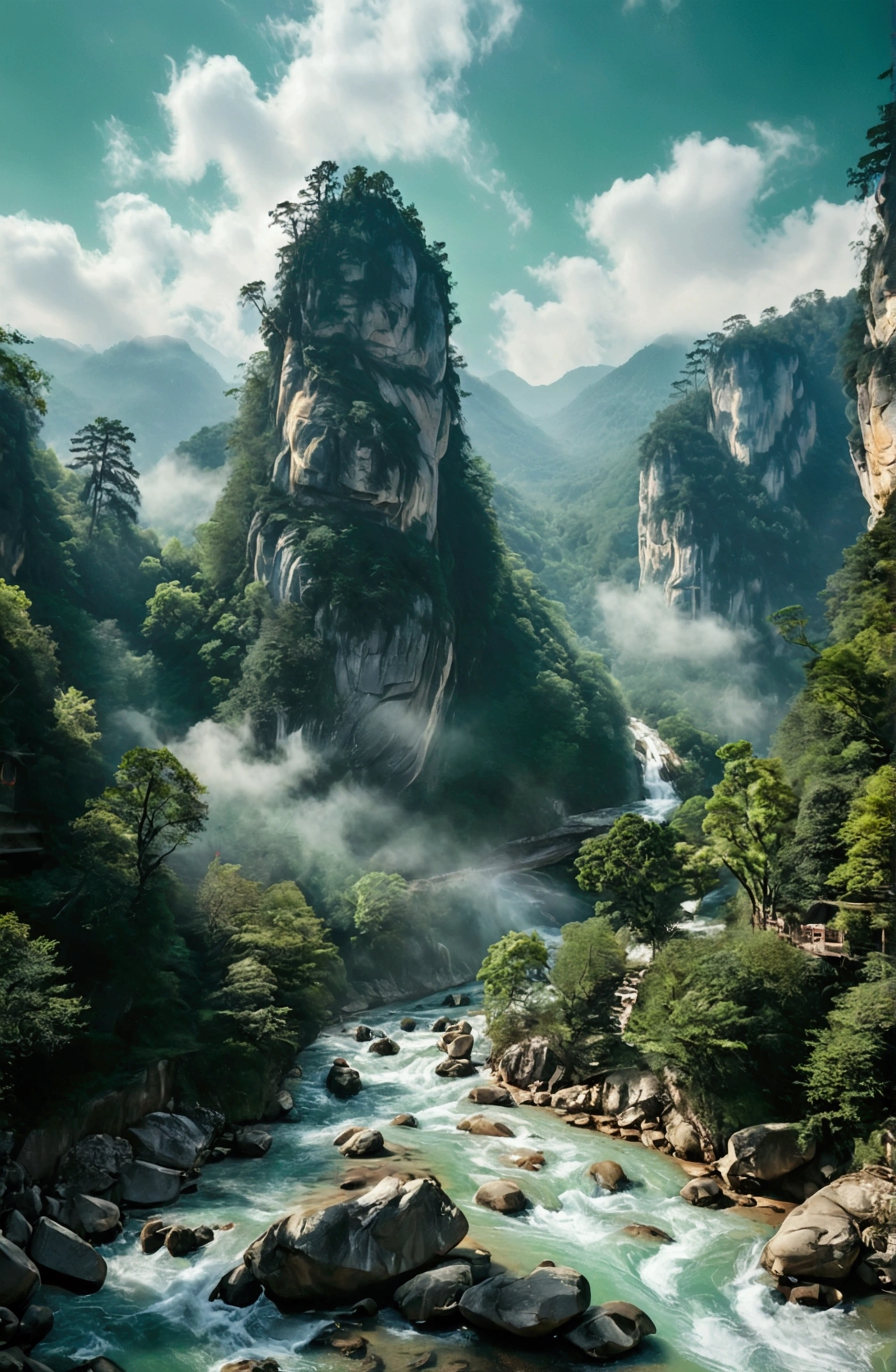 The stream is flowing,The stream is clear,There is a mountain at one end of the stream,Stone Mountain in Zhangjiajie,Clouds and mist,Unified emerald green tone,Cinematic color grading