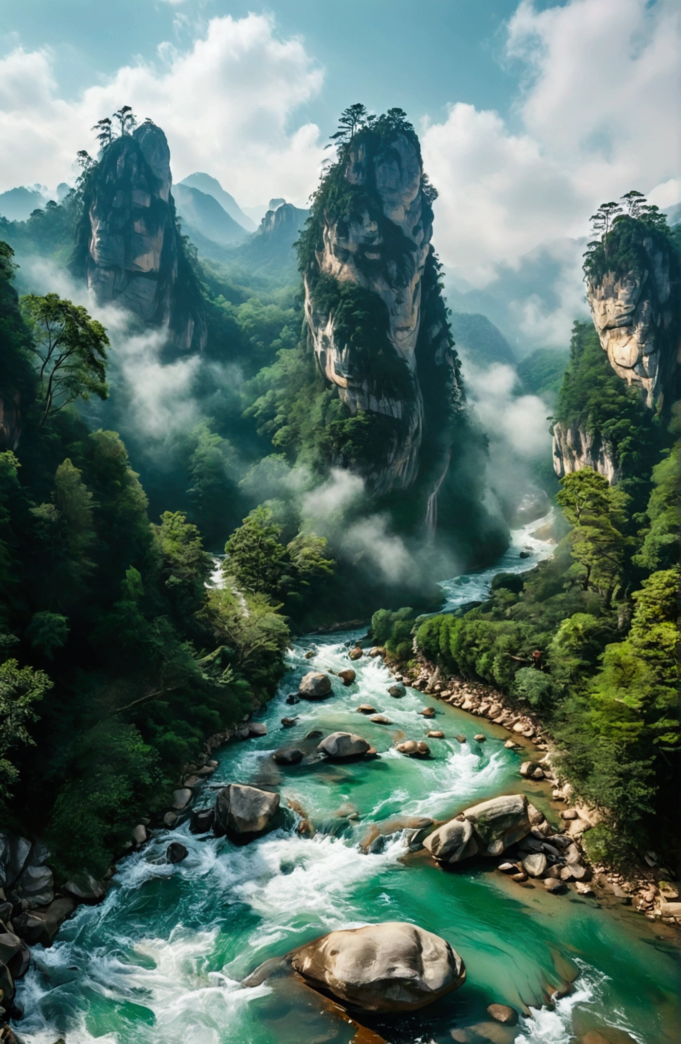 The stream is flowing,The stream is clear,There is a mountain at one end of the stream,Stone Mountain in Zhangjiajie,Clouds and mist,Unified emerald green tone,Cinematic color grading