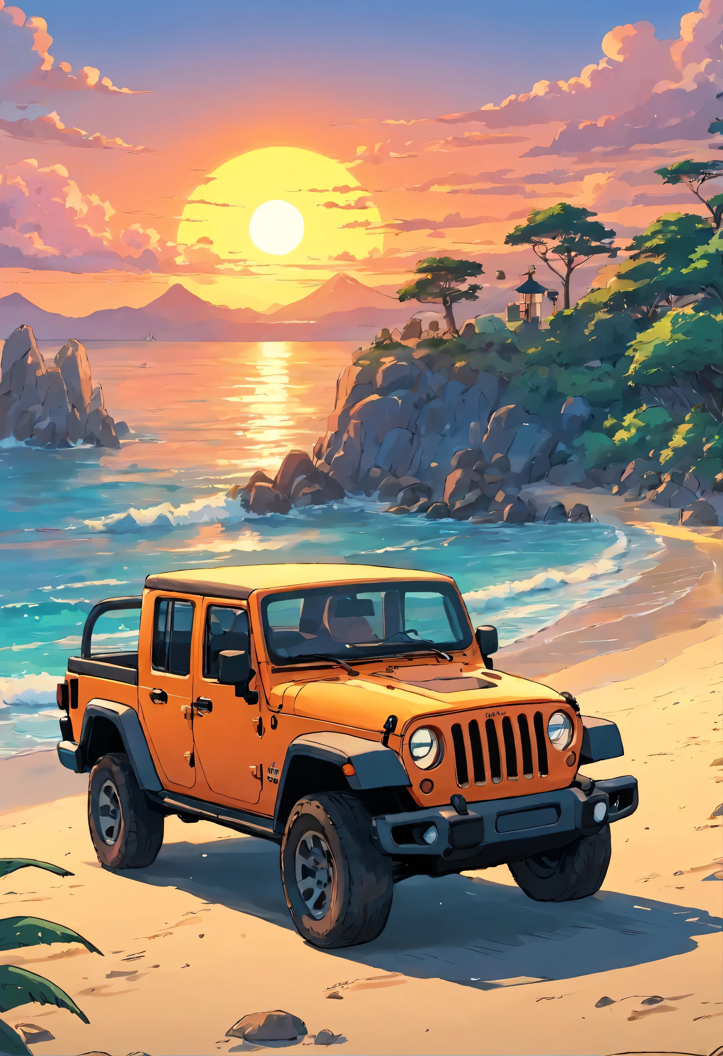 sticker design, Jeep Gladiator Gravity, Sunset background, palmeiras, 5 layers of color, Beach by the sea,