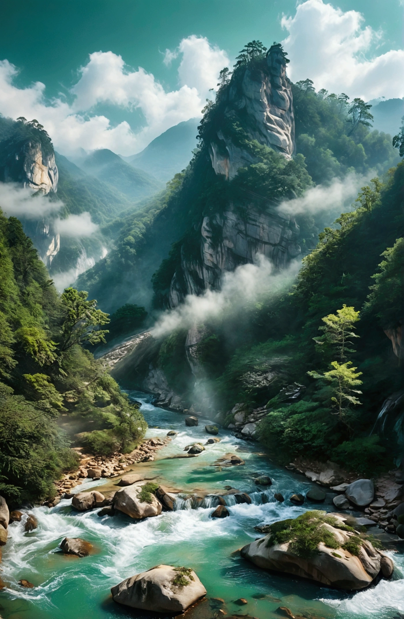 The stream is flowing，The stream is clear，There is a mountain at one end of the stream，Stone Mountain in Zhangjiajie,Clouds and mist，Unified emerald green tone，Cinematic color grading
