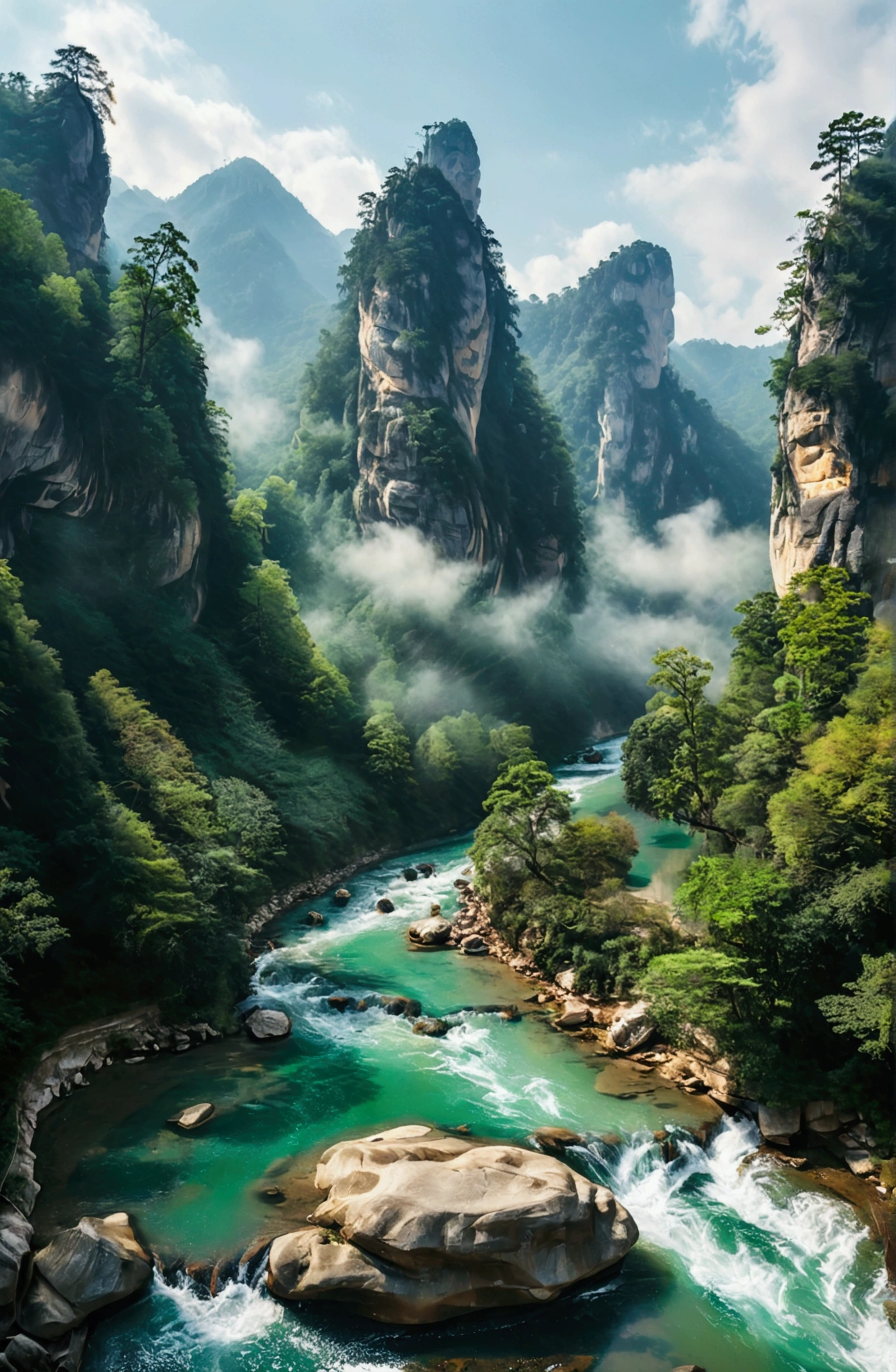 The stream is flowing，The stream is clear，There is a mountain at one end of the stream，Stone Mountain in Zhangjiajie,Clouds and mist，Unified emerald green tone，Cinematic color grading

