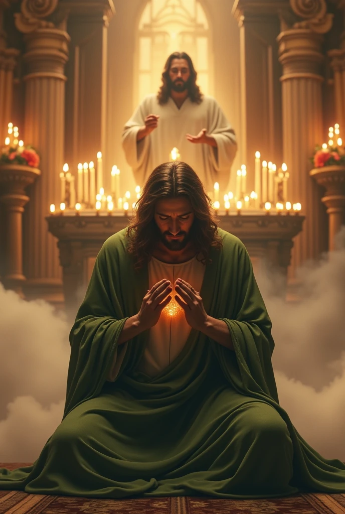 (photorealism:1.2), Crying handsomeJesus Christ, kneel praying under the altar of the priest that full of clouds and sorrounded of many candles, wearing green king clothes with light in his head and heart spreading all over, perfect five finger, long beautiful hair, indoors, soft lighting, clouds in background, beautiful light, perfect church and clouds, relaxed pose, realistic, intricate details, warm colors,