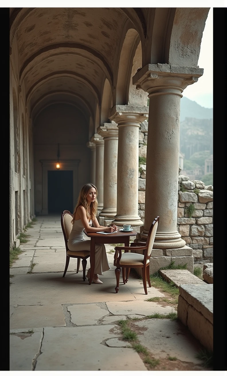 arafed stone pillars and pillars in a stone building with a table and chairs, epic vista of old ruins, surrealistic roman architecture, ancient roman setting, located in a castle, old roman style, ancient roman style, unreal engine 5 render dramatic, inside ancient greek ruins, sitting in a castle, hyperrealistic matte painting, ancient ruins, ruined architecture, hyperrealistic aesthetic, showcasing a white woman, 40 years old, long straight blond hair, blue eyes, slim, full body, historical photography, ultra - realistic, natural light, Canon 5D, DSLR, 50mm, style raw, complex background, fine face and nose, fine mouth, smooth hair, skin pore visible, (Very detailed RAW photo), (photorealistic, dramatic and cinematographic lighting, Main light, Fill light), sharp focus, cinematographic, imperfect skin, Tissues, Textures, detailed face, detailed skin, detailed fingers, NaturalHand2-3500, analog film photo Deep photo, depth of field, Ferrania P30 Film, shadow, perfect face and body, low light, flash camera, washed-out film, desaturated, 35mm photo, grainy