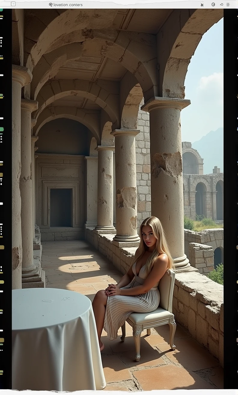 arafed stone pillars and pillars in a stone building with a table and chairs, epic vista of old ruins, surrealistic roman architecture, ancient roman setting, located in a castle, old roman style, ancient roman style, unreal engine 5 render dramatic, inside ancient greek ruins, sitting in a castle, hyperrealistic matte painting, ancient ruins, ruined architecture, hyperrealistic aesthetic, showcasing a white woman, 40 years old, long straight blond hair, blue eyes, slim, full body, historical photography, ultra - realistic, natural light, Canon 5D, DSLR, 50mm, style raw, complex background, fine face and nose, fine mouth, smooth hair, skin pore visible, (Very detailed RAW photo), (photorealistic, dramatic and cinematographic lighting, Main light, Fill light), sharp focus, cinematographic, imperfect skin, Tissues, Textures, detailed face, detailed skin, detailed fingers, NaturalHand2-3500, analog film photo Deep photo, depth of field, Ferrania P30 Film, shadow, perfect face and body, low light, flash camera, washed-out film, desaturated, 35mm photo, grainy
