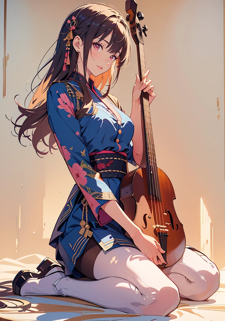 (masterpiece), (best quality), (ultra-detailed), (best illustration), (best shadow), (absurdres), Female, 25 years old, looking at viewer, medium breasts, 1girl, shy, nsfw, orgasm face, climax, detail eyes, half closed eyes, eye shadow, pink lips, light smile, pantyhose, shamisen,