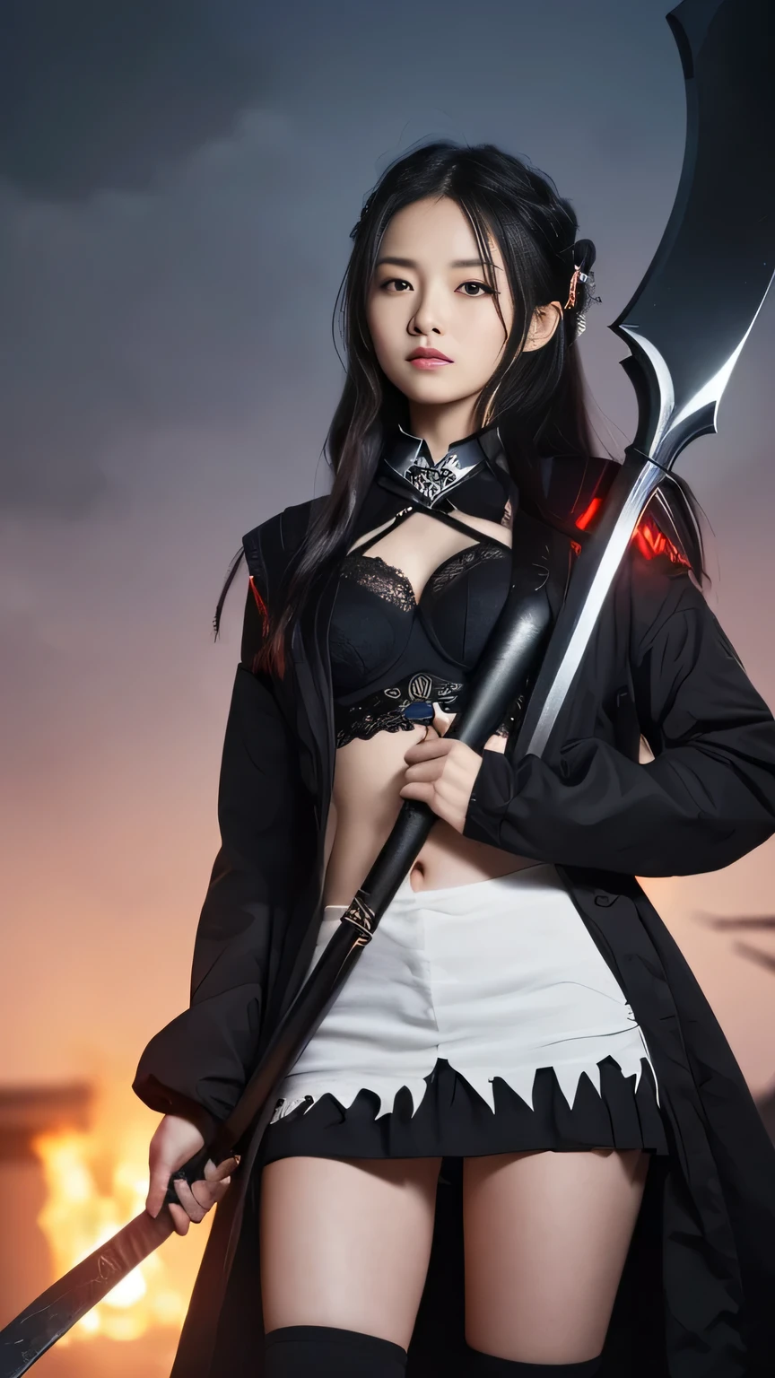 (Cute beautiful girl 1(15 years old)(Middle school students)(Sukajan)female, Holding a black sickle emblazoned with a symbol of Japan signifying death, Black flames emerge from the decoration., The sickle blade comes out of it.、A black wind blows with the ghost of a skull, Judy female with perfect face and scythe is wearing the appropriate outfit of scythe steel, The female has black hair, The woman is the incarnation of the Grim Reaper., (The background of the CG 8k module is very detailed) (Highest quality), (Best illustrations), (Best shade), Very detailed t--v6