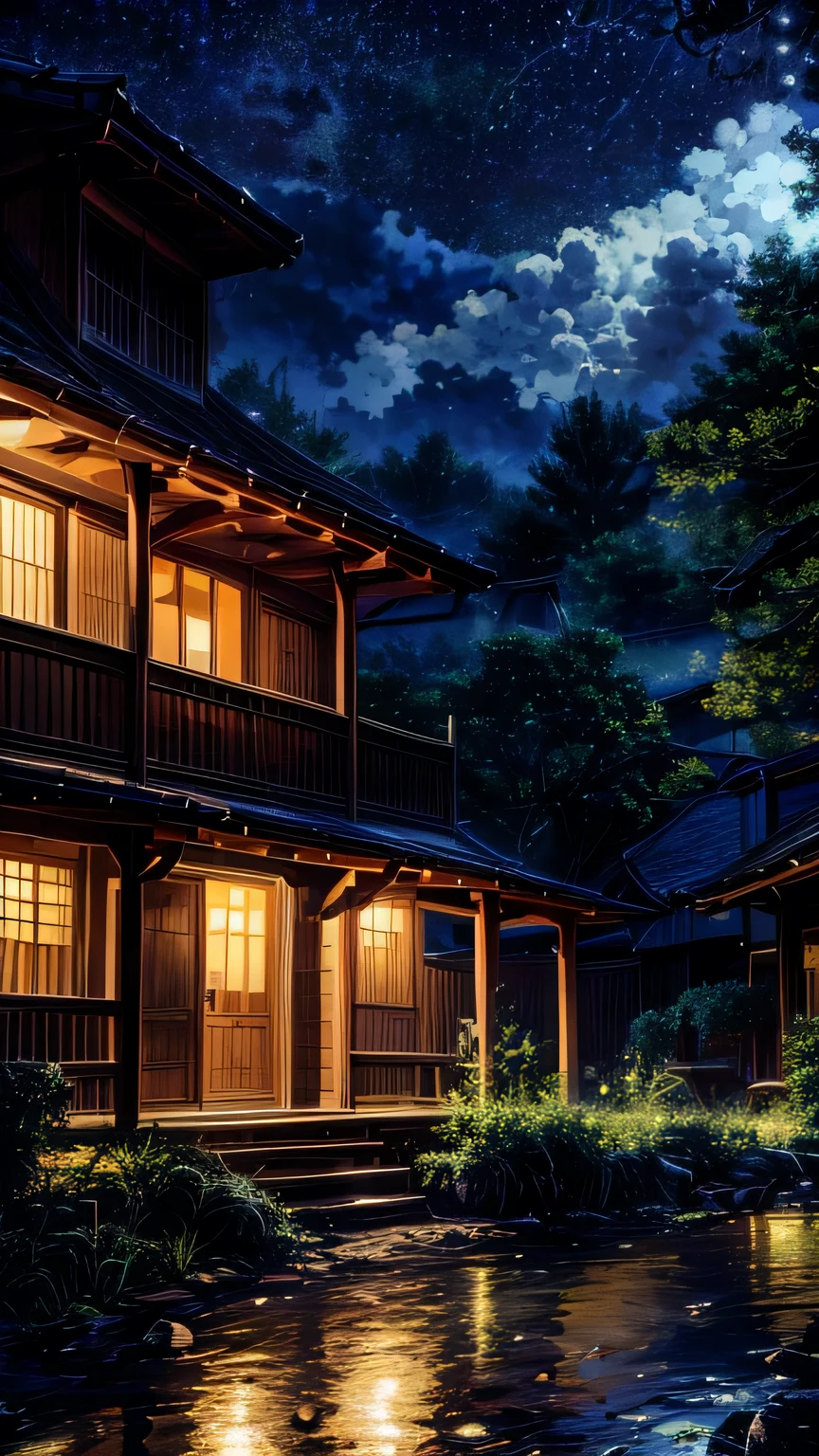 A serene night scene featuring a small, beautifully crafted wooden house nestled under a grand tree. The house emits a soft, warm glow from its lights, creating a cozy atmosphere. Surrounding the house are vibrant flowers and gently glowing bugs that dance in the night air. Above, the sky is dotted with twinkling stars and soft clouds, adding to the tranquil setting. The house stands alone in an open green field, with no other structures in sight, offering a peaceful and calming environment.