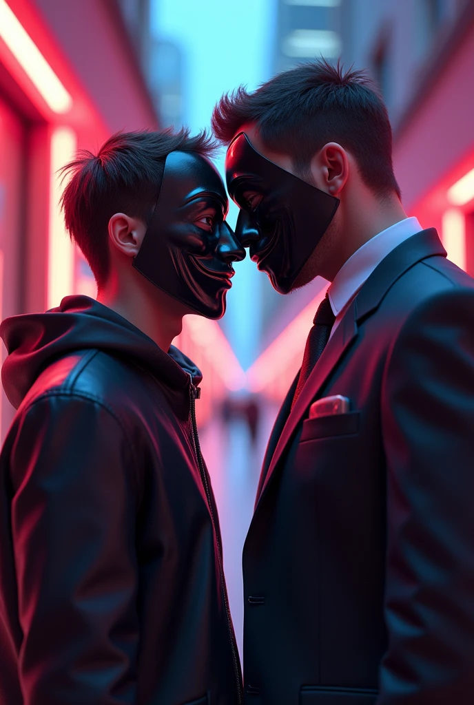 Detailed image of happiness, The young man wearing an anonymous mask, hacker, a big guy in a suit and tie, Definition of 8k, Photorealistic rendering, rich colors, using Cinema 4D.