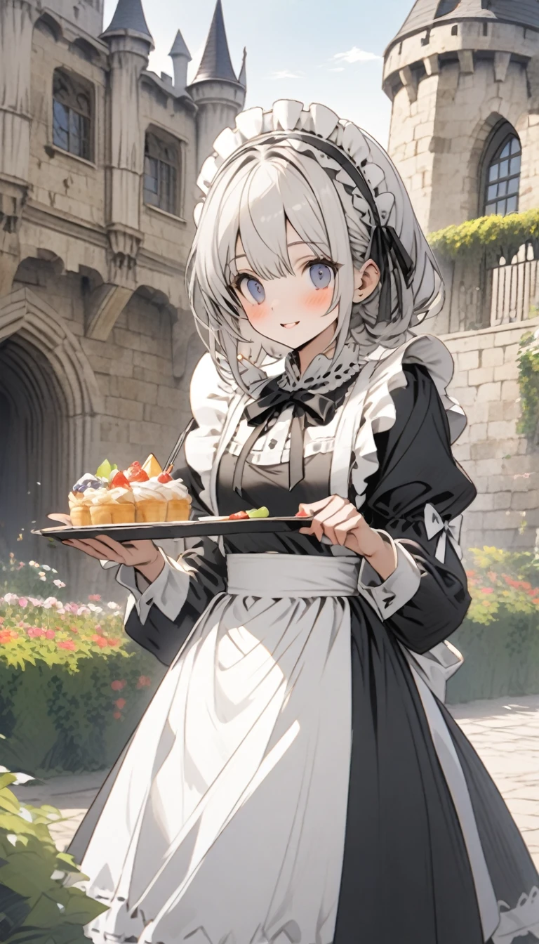 a medieval castle,The maid sets up afternoon refreshments in the garden outside the castle,black and white maid clothes