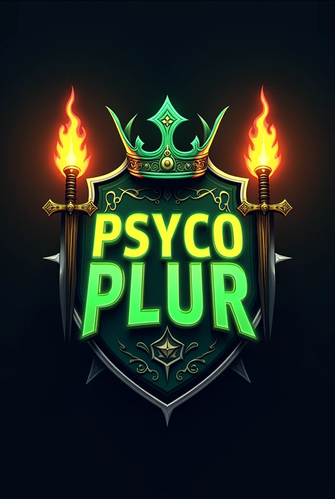 E-sports team shield from moba style game, with the name "Psyco Plur" written in neon green and orange in the foreground superimposed on two medieval swords and torches with a crown on top.