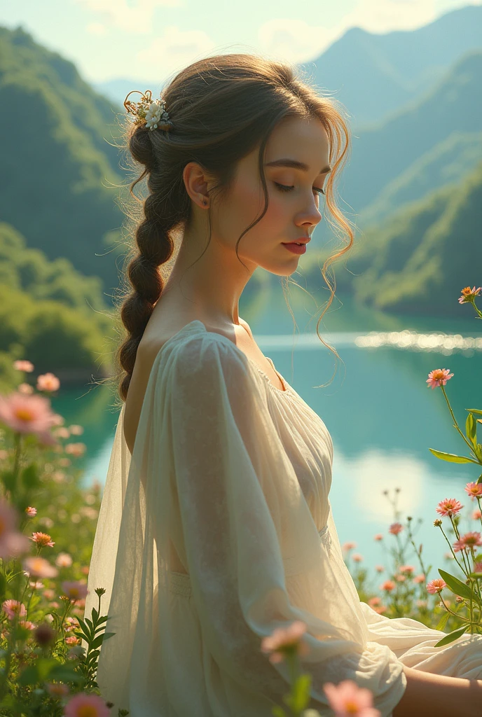 (Alphonse Mucha),(Rembrandt),illustration,(ultra_detailed),finely detail,(Depth of field),
(1girl) is standing in a beautiful valley,surrounded by (mountains:1.2) and under a breathtaking (sky). The sky is painted with hues of (pink),(orange:1.05),and (purple:1.05) as the sun sets in the horizon. (Girl) is dressed in a (white:1.1) dress,with her hair flowing gently in the (breeze:1.05). In the distance,a (river) flows serenely,and (trees) sway gracefully to the rhythm of the wind. The scenery is so beautiful that it takes (girl's) breath away,and she stands there,mesmerized by the stunning view.,
masterpiece,