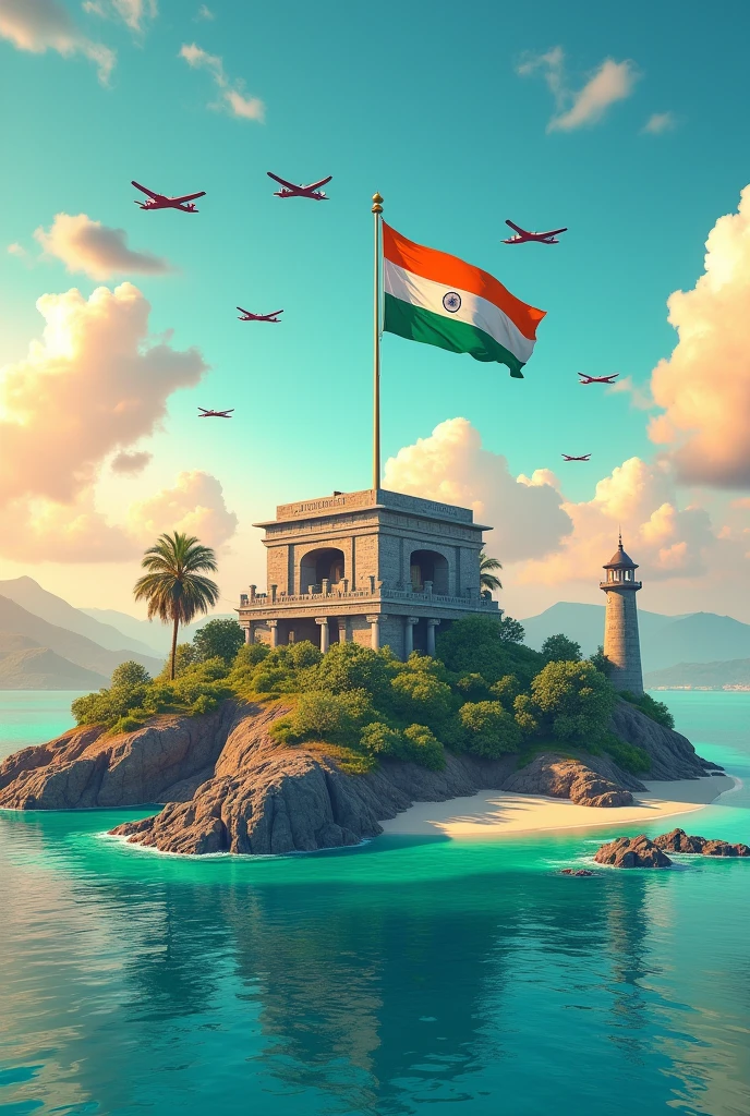 Create a scenic island surrounded by turquoise waters, with a majestic Indian flag prominently waving on a tall flagpole. The island should have a massive stone structure that reads "JUNAID "
carved into it, resembling ancient ruins. The scene should include a lighthouse on the right side of the island and distant mountains in the background. The sky is filled with fluffy clouds during a serene sunset, with airplanes flying in formation overhead, contributing to a patriotic and tranquil atmosphere. The colors should be vibrant and the style should be a mix of realism and fantasy.", 3d render, illustration, typography, painting, anime, architecture, poster, vibrant, cinematic