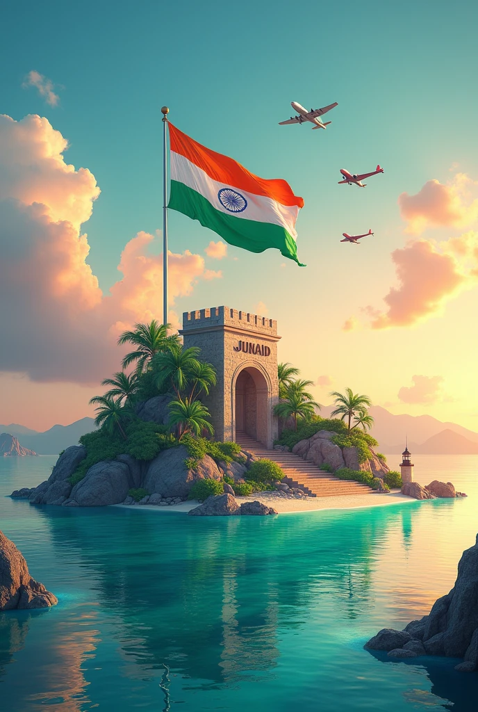 Create a scenic island surrounded by turquoise waters, with a majestic Indian flag prominently waving on a tall flagpole. The island should have a massive stone structure that reads "JUNAID "
carved into it, resembling ancient ruins. The scene should include a lighthouse on the right side of the island and distant mountains in the background. The sky is filled with fluffy clouds during a serene sunset, with airplanes flying in formation overhead, contributing to a patriotic and tranquil atmosphere. The colors should be vibrant and the style should be a mix of realism and fantasy.", 3d render, illustration, typography, painting, anime, architecture, poster, vibrant, cinematic
