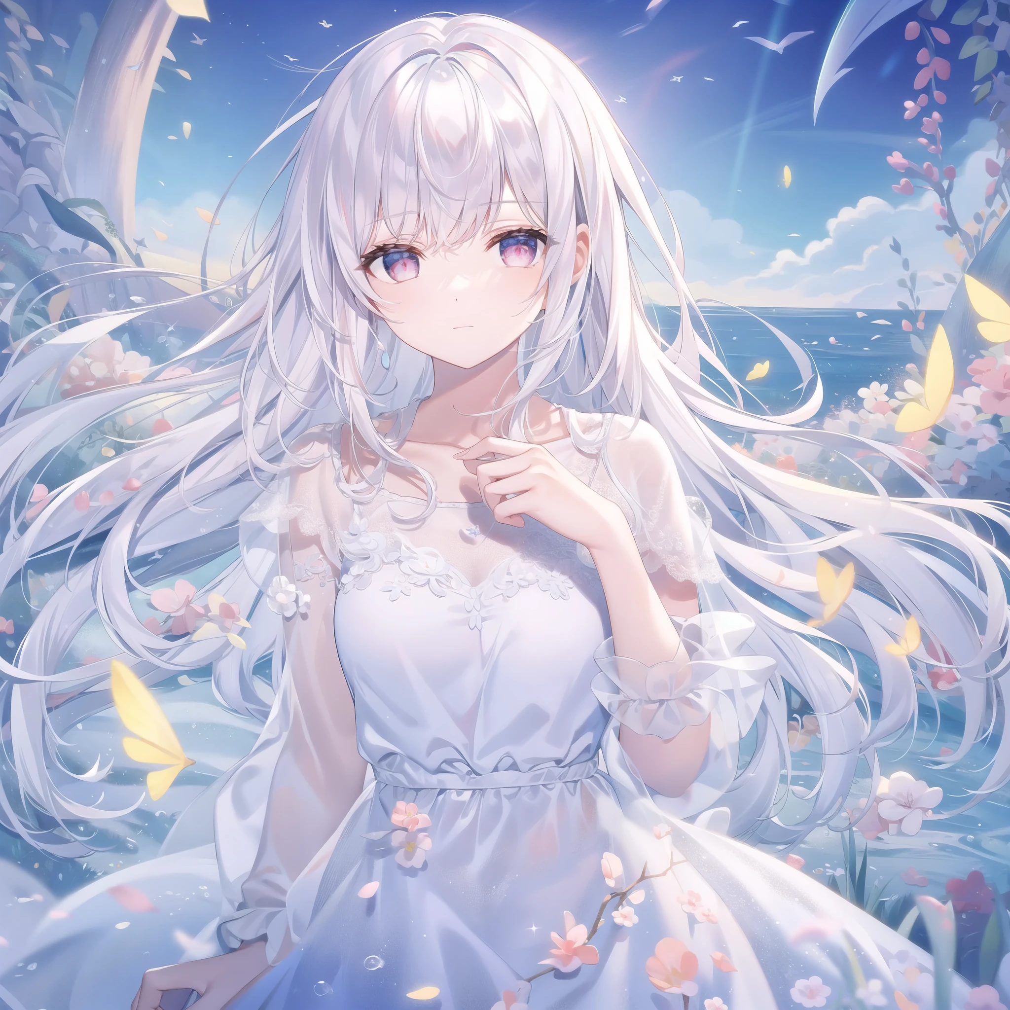 ((masterpiece, best quality))++, Detailed lighting+, Detailed hair+, Detail hand+ ,1 girl, Miss, Long hair, Crimson eyes, beautiful eyes, young white hair,,(Beautiful white hair:1.5),(Beautiful and delicate eyes), high resolution+,glass tint, Reflective eyes, {{angle}} , Very detailed wallpaper, The original, Air bangs,Extremely beautiful CG,Firefly,Nature,ocean