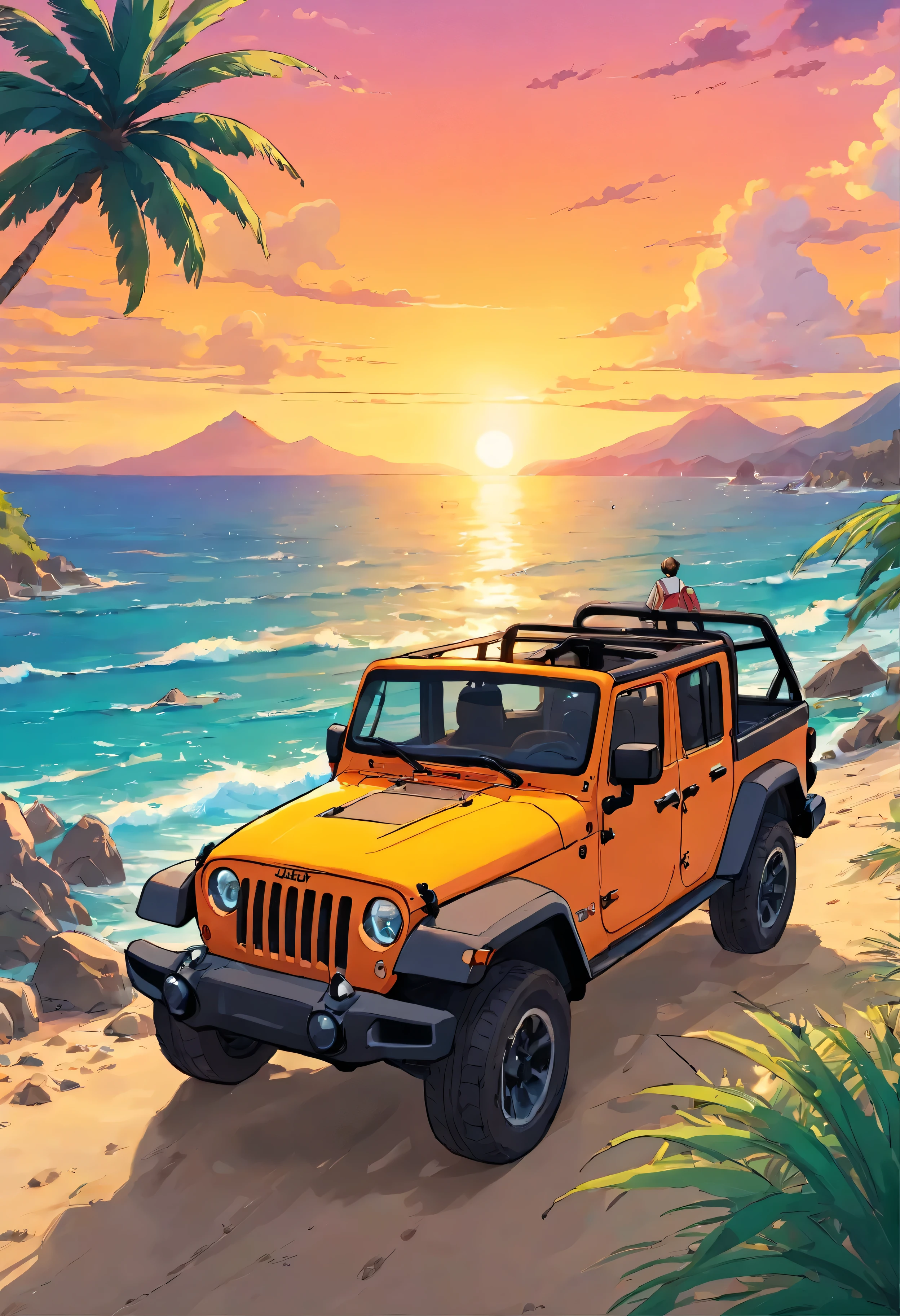 sticker design, Jeep Gladiator Gravity,  Sunset background, palmeiras, 5 layers of color, Beach by the sea,